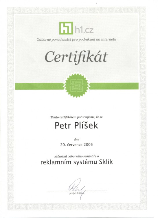 Certifikát Reklamní systém Sklik, H1.cz