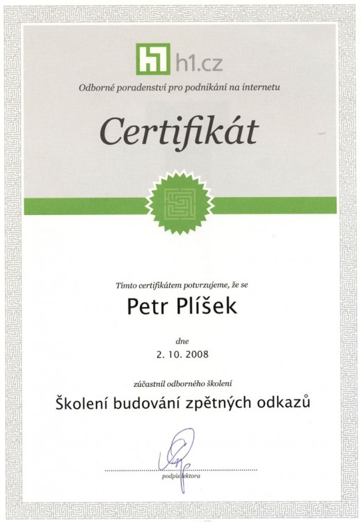 Certifikát Budování zpětných odkazů, H1.cz