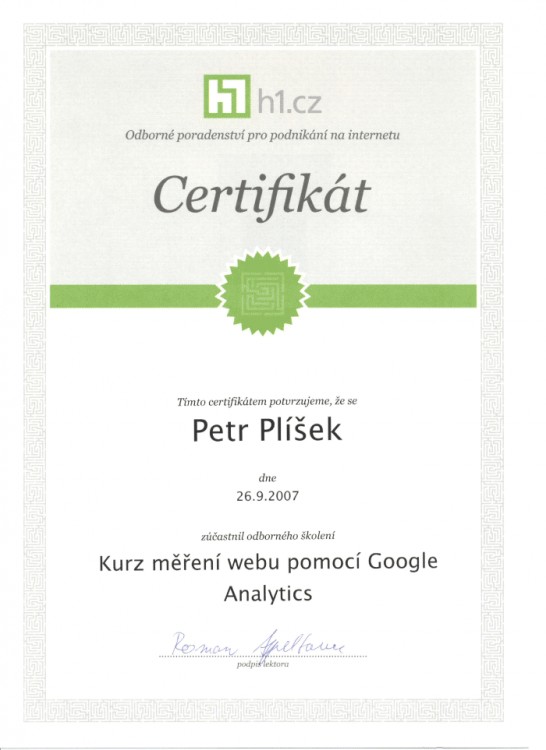 Certifikát Měření webu pomocí Google Analytics, H1.cz