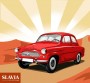 Reklamní ilustrace Slavia pojišťovna – vektorový retro veterán Škoda v poušti
