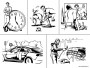 Černobílý storyboard – série skic od ranní rutiny po lakýrníka v dílně