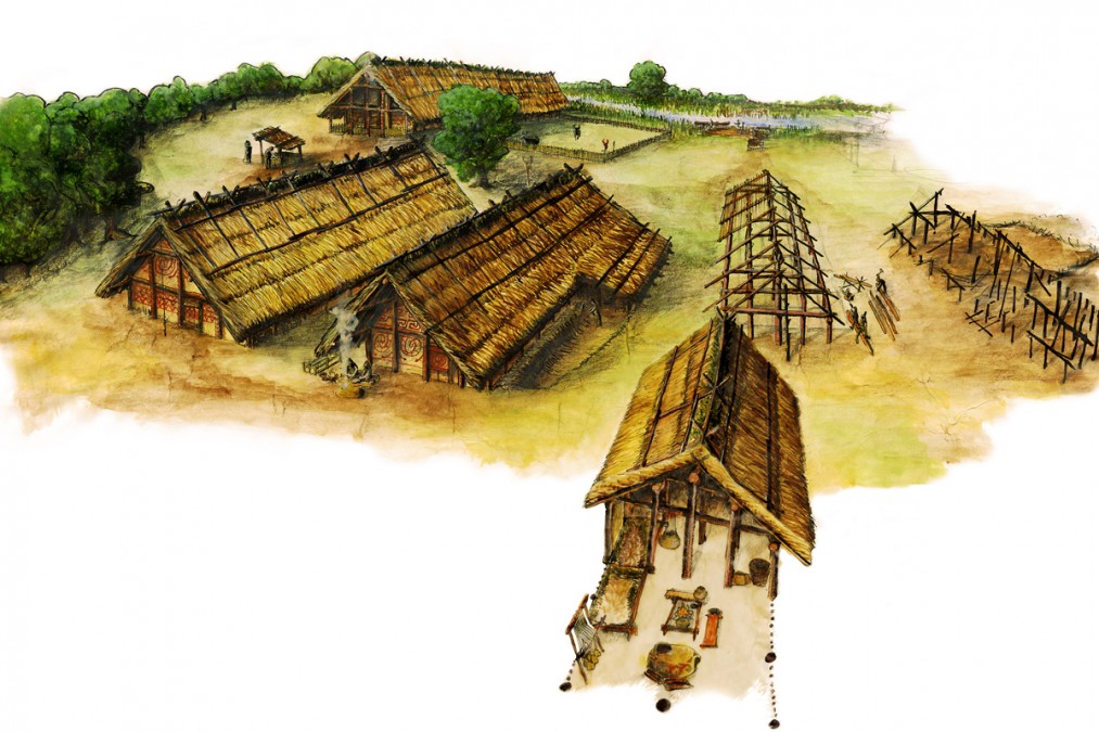 Ilustrace pravěké vesnice