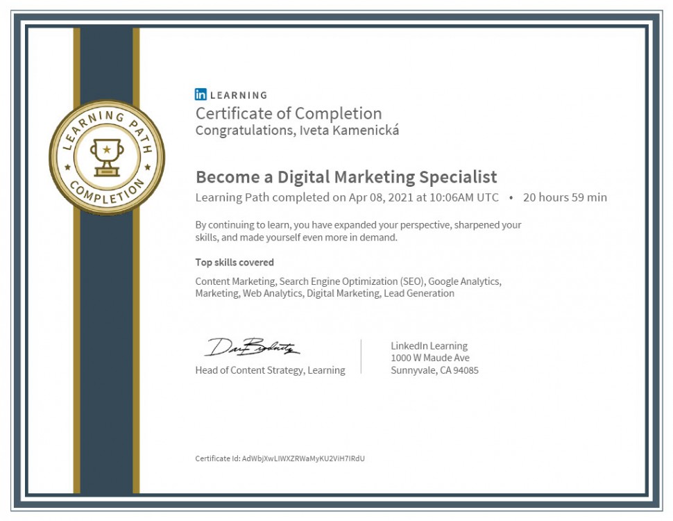 Certifikát LinkedIn – webová analytika, digitální marketing