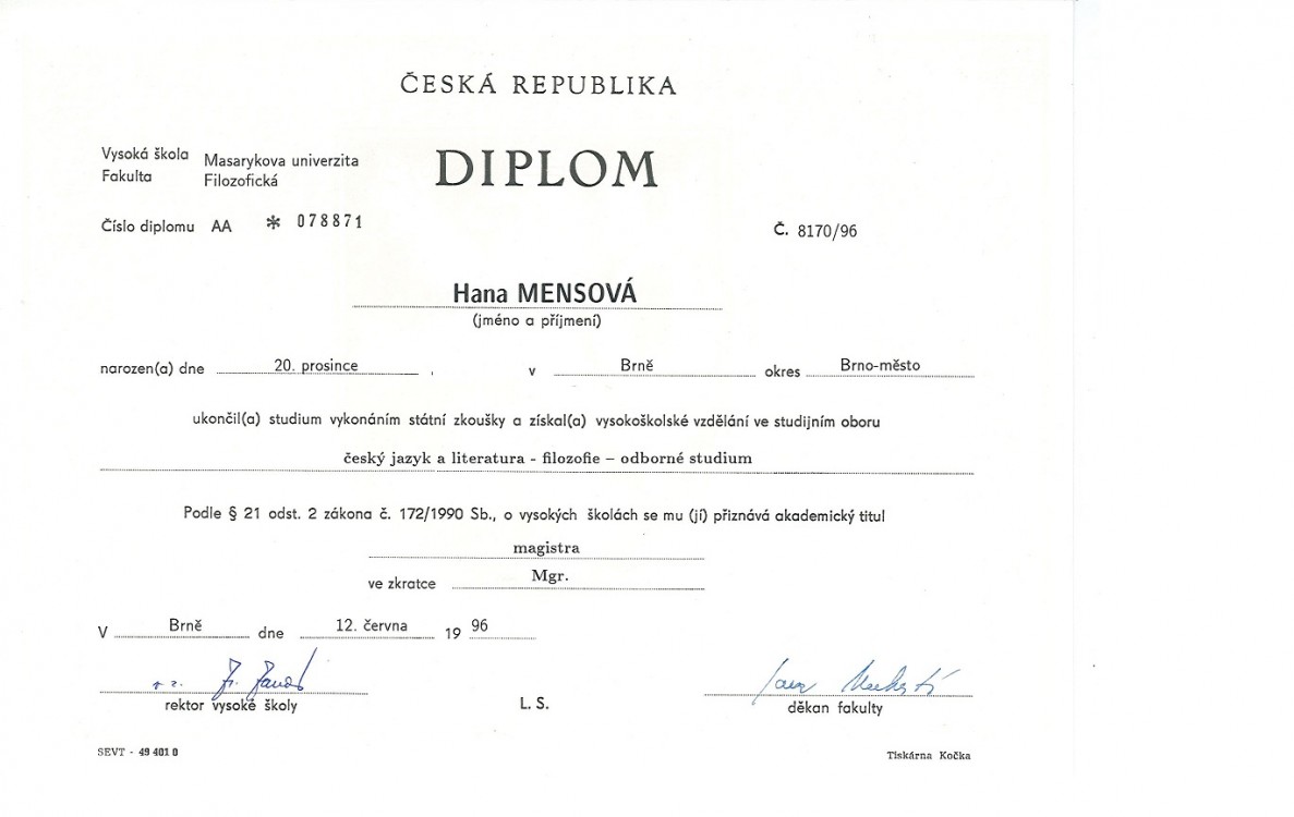 Magisterský diplom z Masarykovy univerzity v Brně