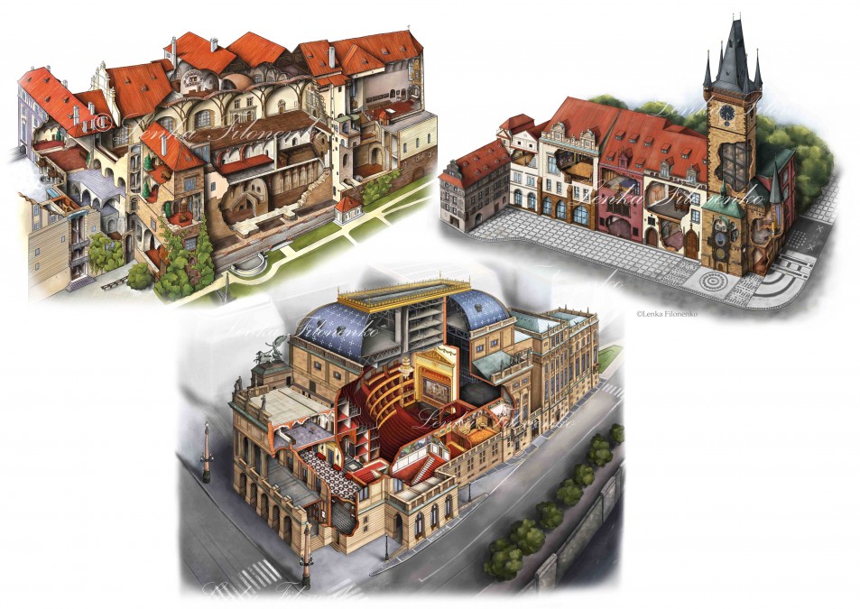 Ilustrace budov pro průvodce Prahou