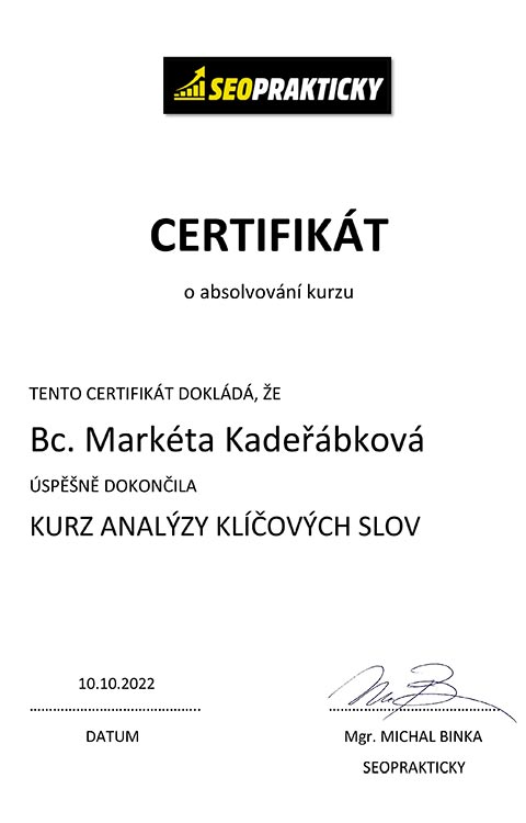 CERTIFIKÁT o absolvování kurzu ANALÝZY KLÍČOVÝCH SLOV