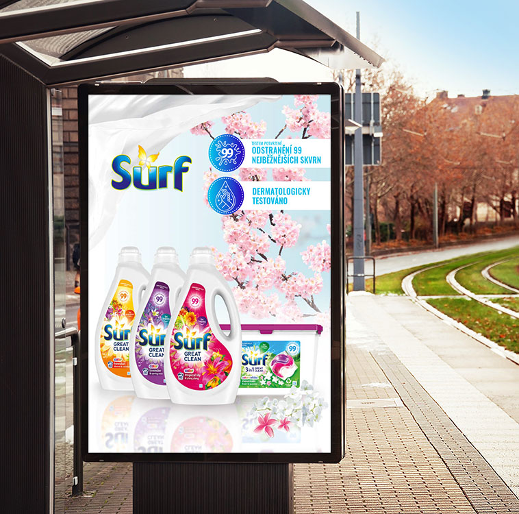 Reklamní poutač pro prací prášek Surf