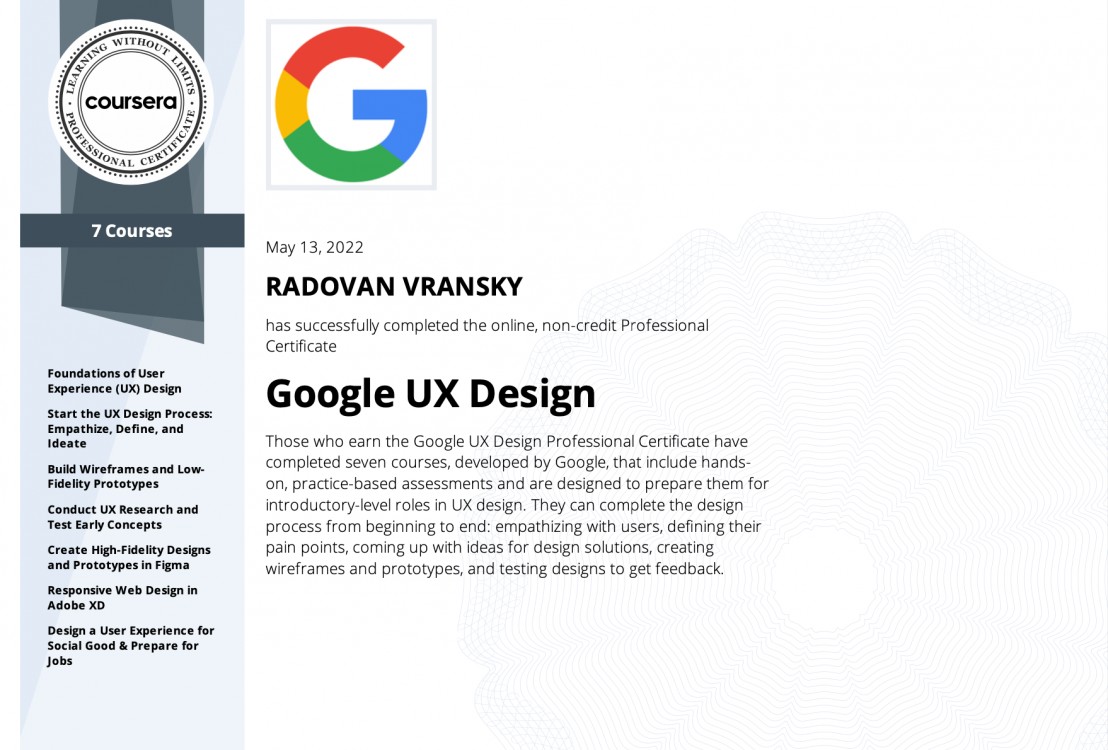 Certifikát Google UX design