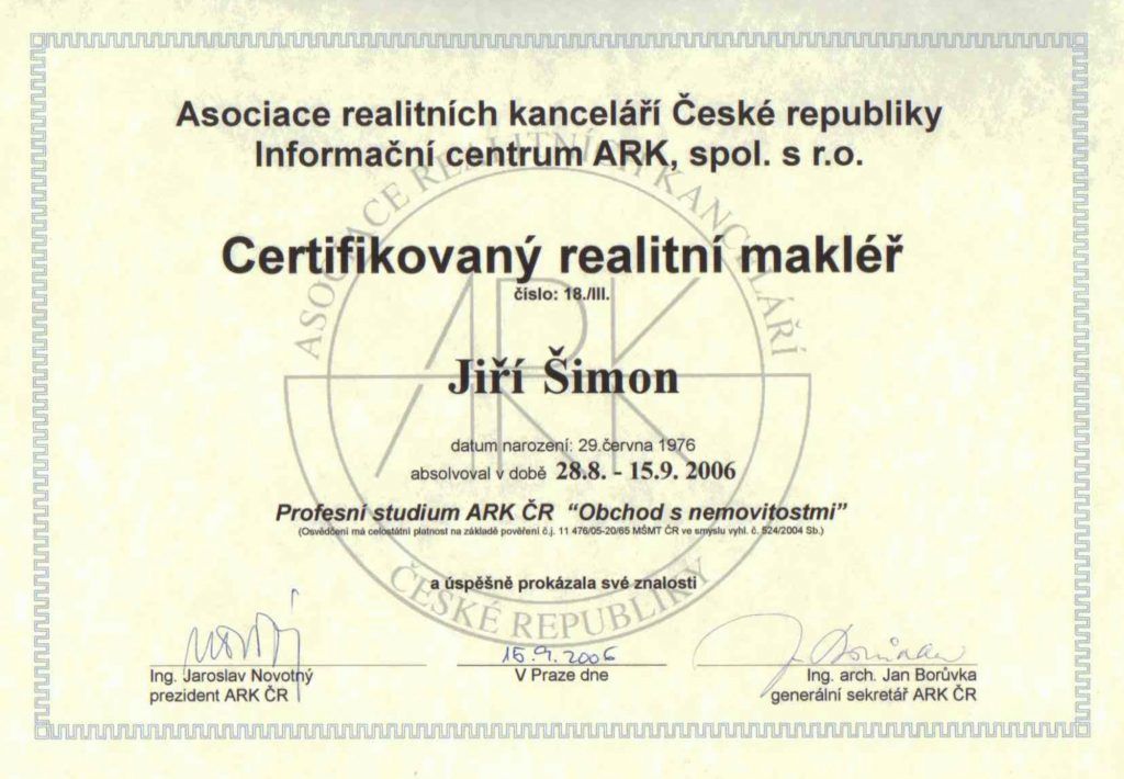 Certifikovaný realitní makléř od roku 2006