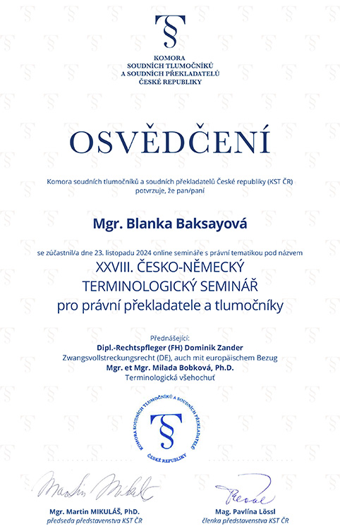 Osvědčení o absolvování česko-německého terminologického semináře pro právní překladatele/tlumočníky