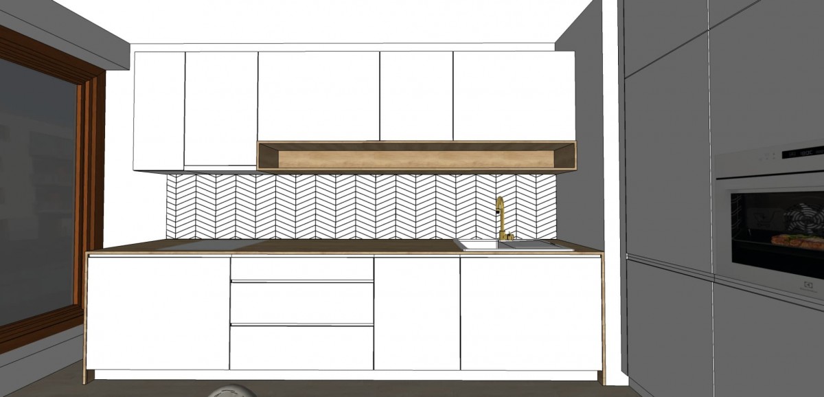 Bílá kuchyně s designovým obkladem | návrh interiéru