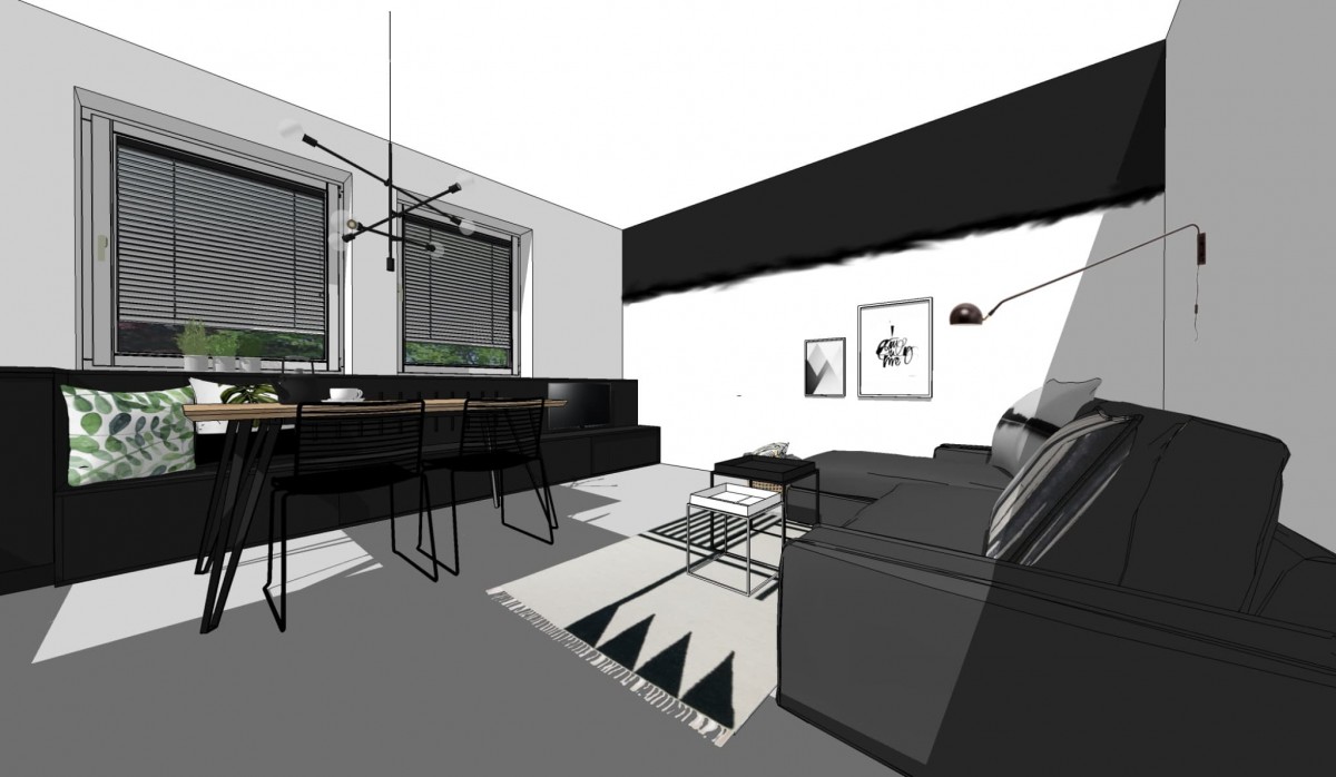 Obývací pokoj v černobílé / Návrh interiéru bytu
