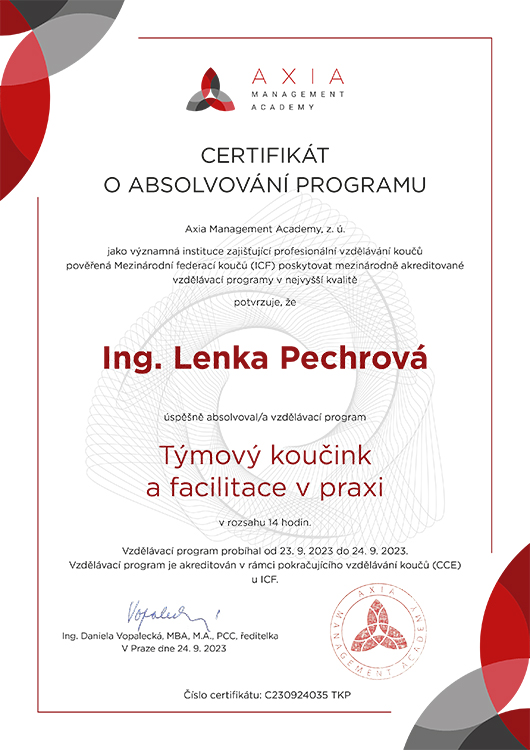 Certifikát o absolvování programu Týmový koučink a facilitace v praxi | Axia Management Academy