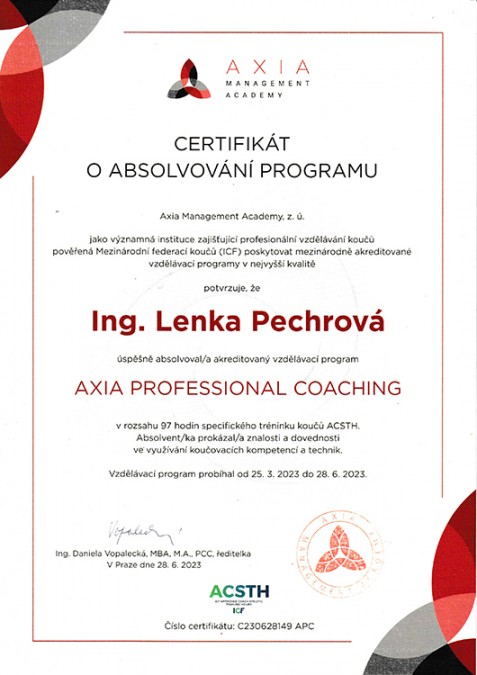 Certifikát o absolvování programu Axia Professional Coaching | Axia Management Academy
