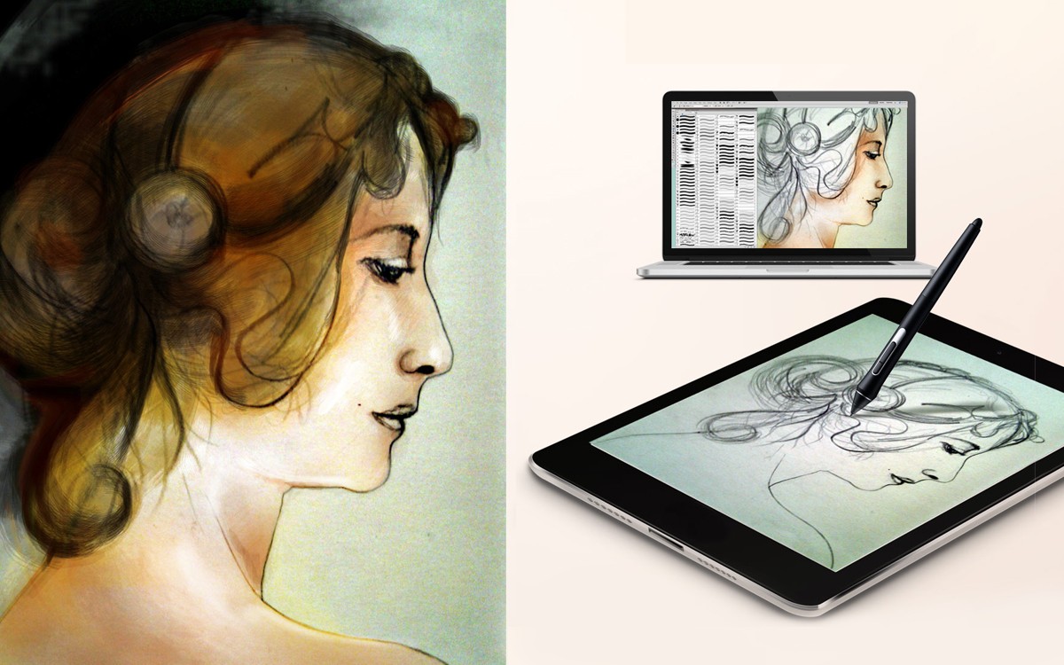 Ruční kresba, portrét ženy, dopracovaný digitálně v Adobe Photoshop