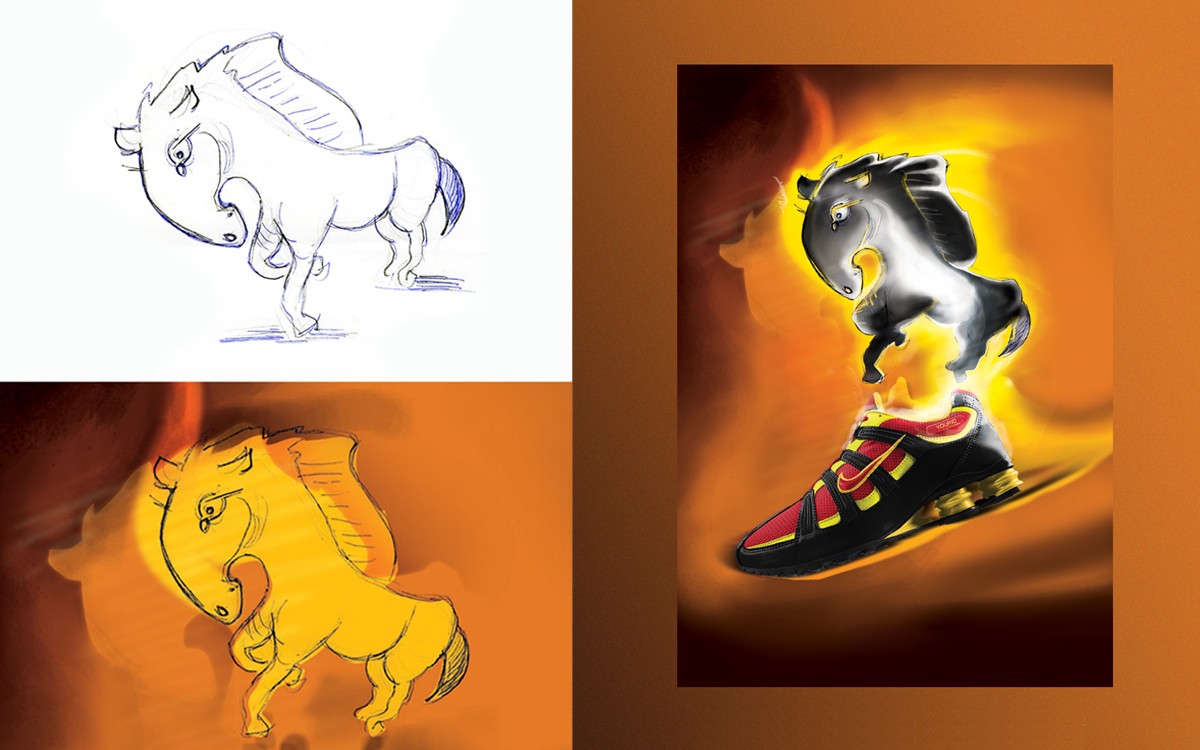 Kresba koníka a jeho úprava pro plakát firmy prodávající sportovní obuv