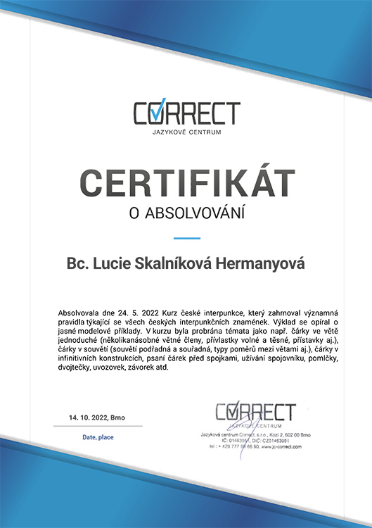 Certifikát o absolvování kurzu České interpunkce | Correct