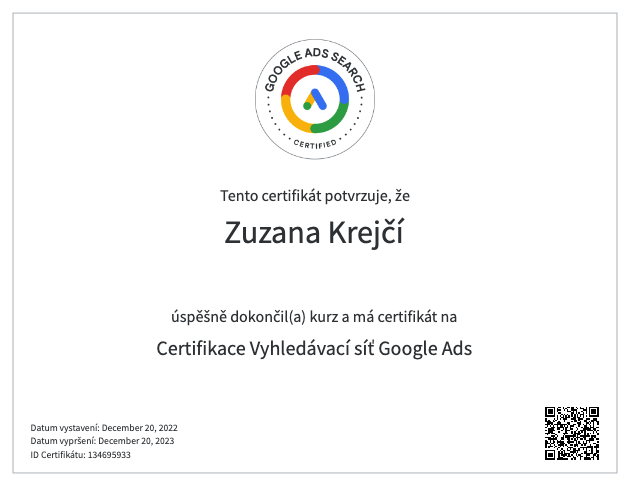Certifikace Vyhledávací síť Google Ads