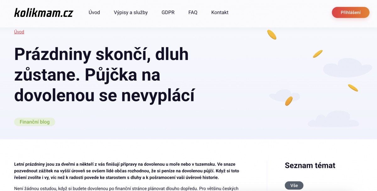 Blogový článek pro klienta CRIF a jeho web Kolikmám.cz na téma prázdninového úvěru