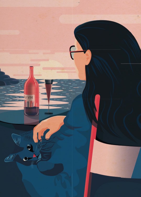 Žena s kočkou | vektorová ilustrace na plakát