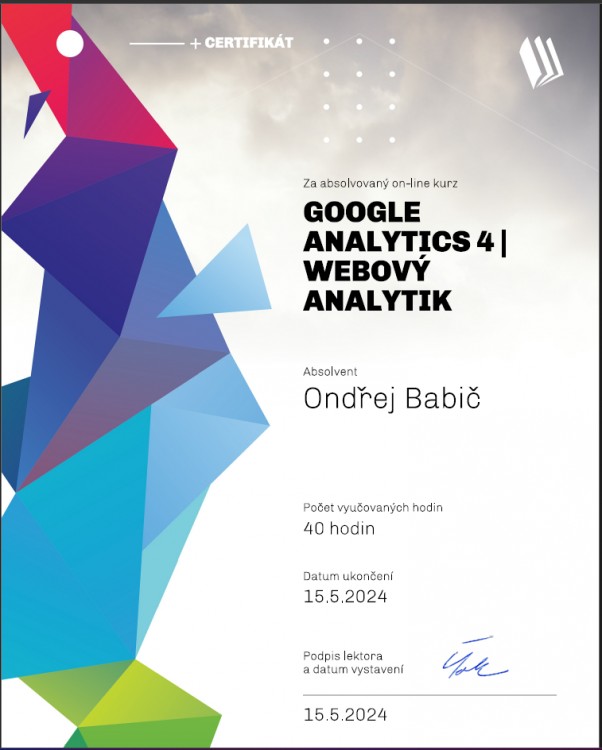 Certifikát z kurzu Google Analytics 4 | webový analytik