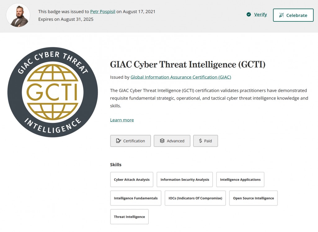 Petr Pospíšil certifikován jako GIAC Cyber Threat Intelligence (GCTI)