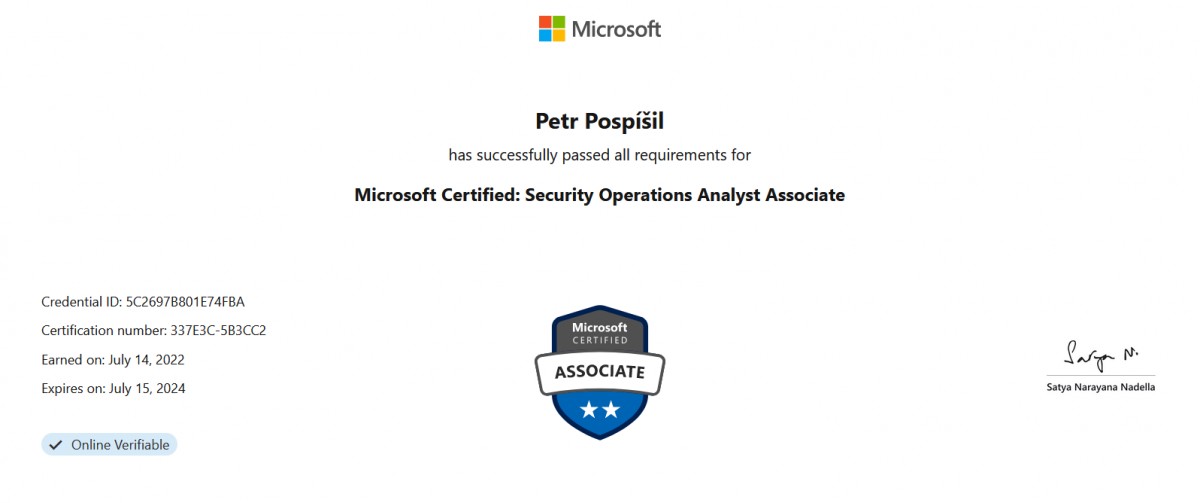 Petr Pospíšil certifikován jako Microsoft Certified: Security Operations Analyst Ass