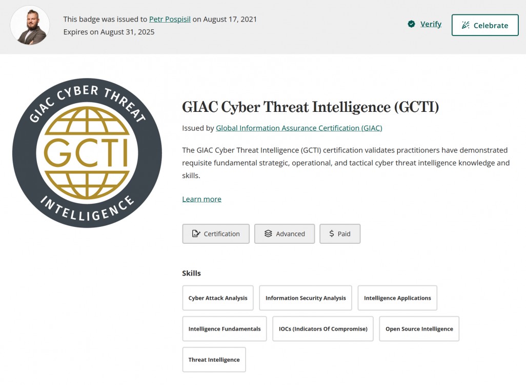 Petr Pospíšil certifikován jako Cyber Threat Intelligence Analyst dle GIAC standartu