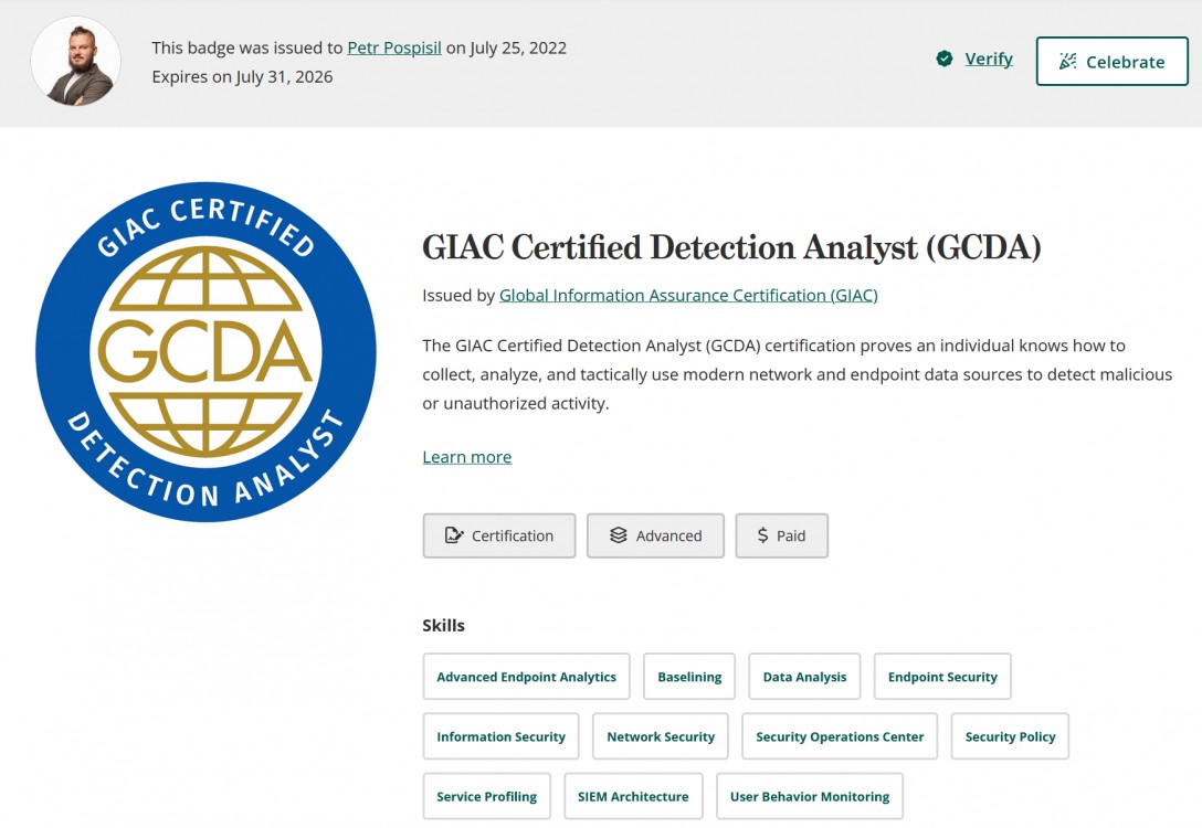 Petr Pospíšil certifikován jako Certified Detection Analyst dle GIAC standartu