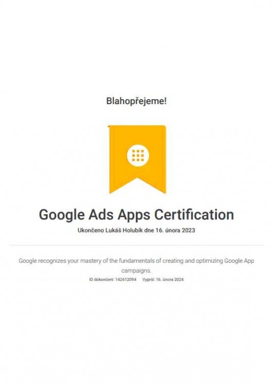Certifikát Google Ads Apps Certification