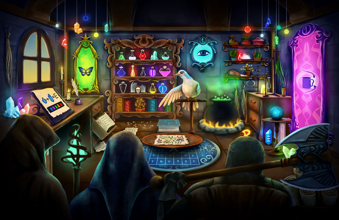 Úniková hra Zábavný sud - ilustrace čarodějova chata