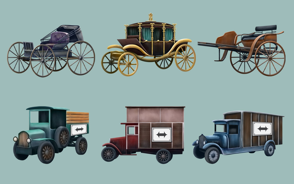 Desková hra Epona - ilustrace kočárů a vozidel na hrací karty