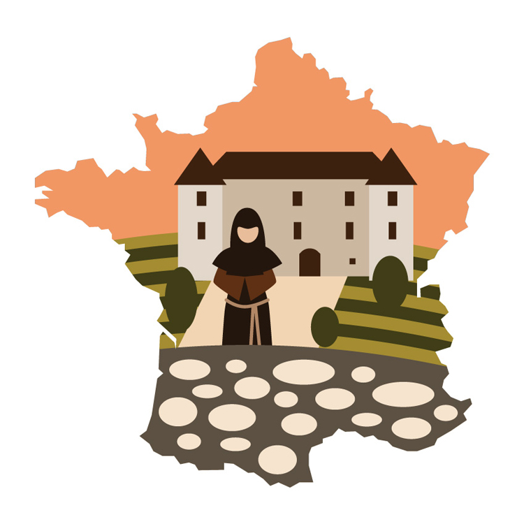Vinařské regiony Francie - vinice, klášter a mnich | vektorová ilustrace