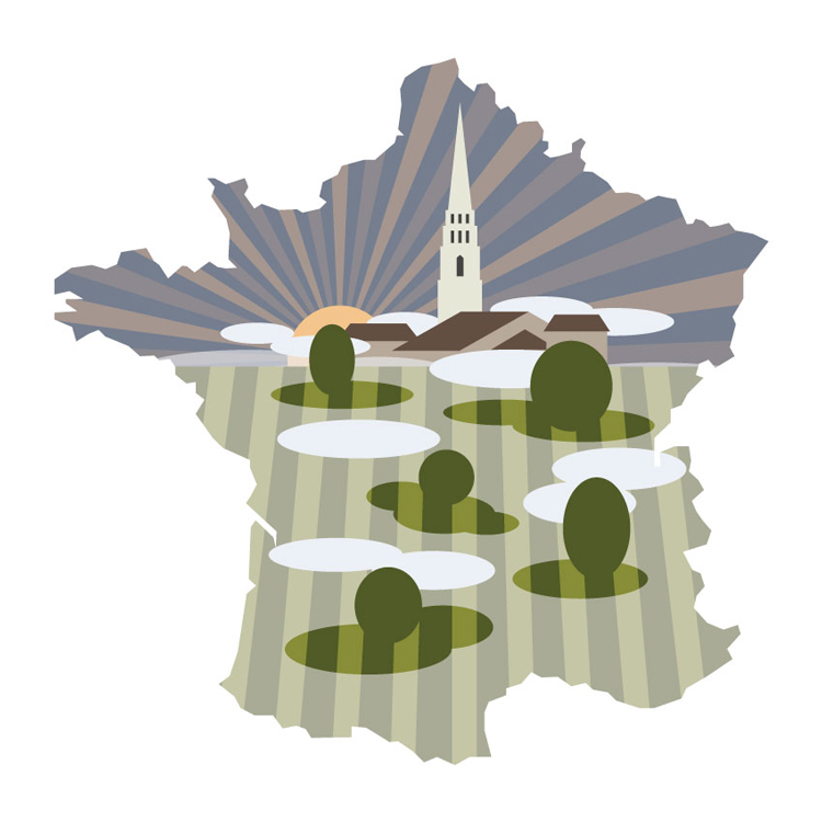 Vinařské regiony Francie - vinice v mlze | vektorová ilustrace