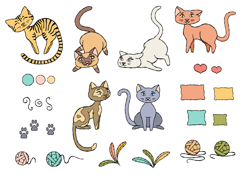 Kočičky - ilustrace prvků pro vzor
