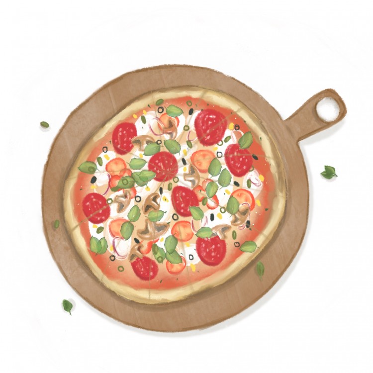 Pizza, knižní ilustrace, dětská ilustrace, ilustrace jidla, knihy a učebnice