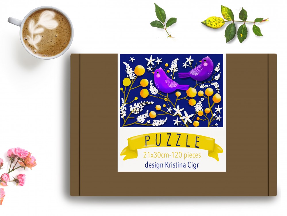 Puzzle, fialoví ptáčci, knižní ilustrace, dětská ilustrace, ilustrace zvířat, knihy a učebnice