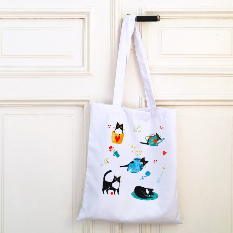 Potisk tašky, kočičí ilustrace, ilustrace kočky, knihy pro děti