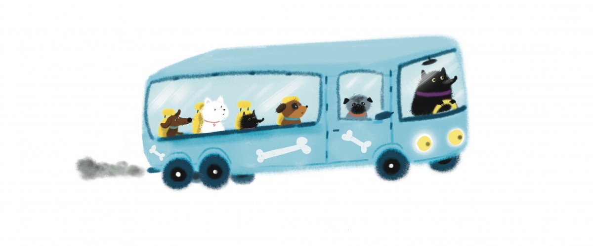 Psí autobus, knižní ilustrace, knihy pro děti, ilustrace pro děti, ilustrace zvířat