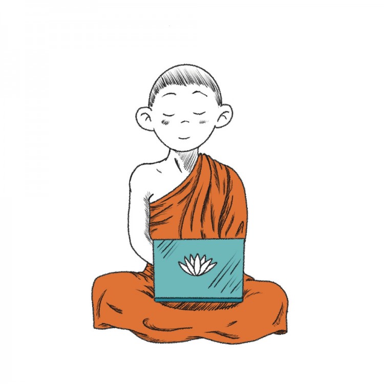Mnich s laptopem | ilustrace ze série Meditace pro normální smrtelníky, ne pro mnichy