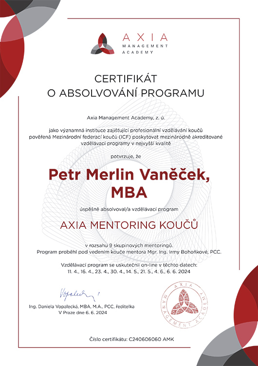 Certifikát o absolvování programu Axia mentoring koučů