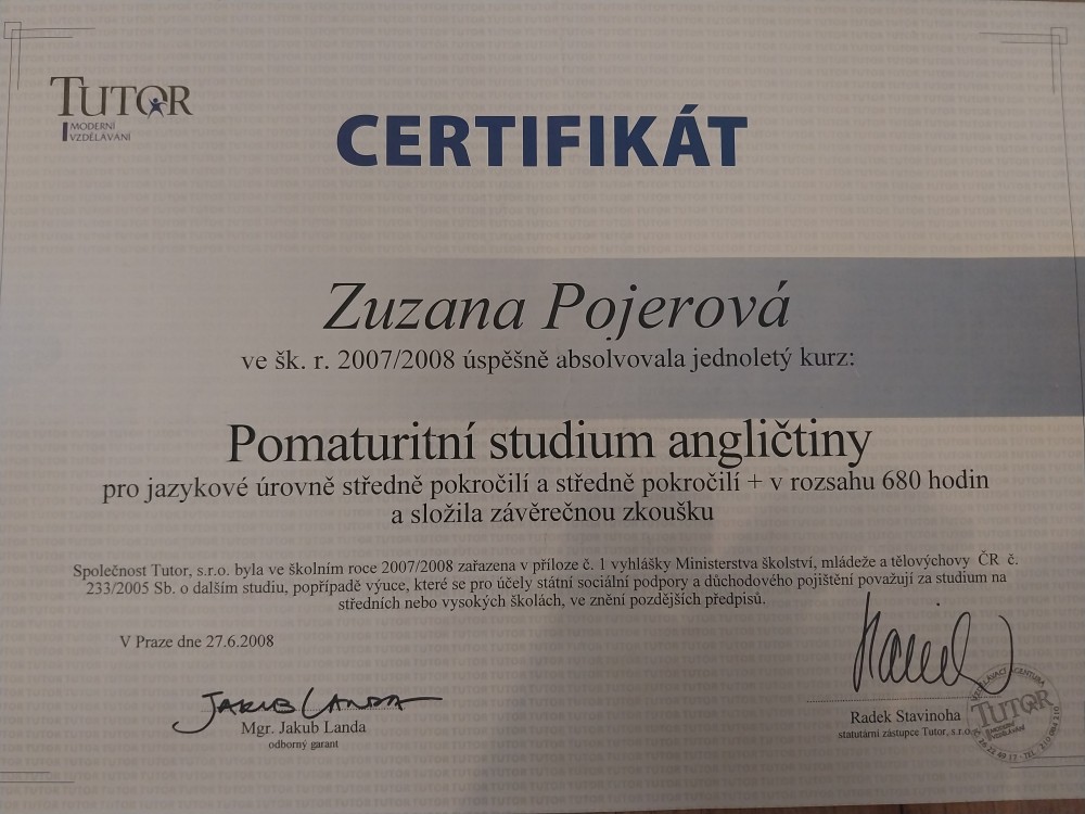 Certifikát Pomaturitní studium angličtiny