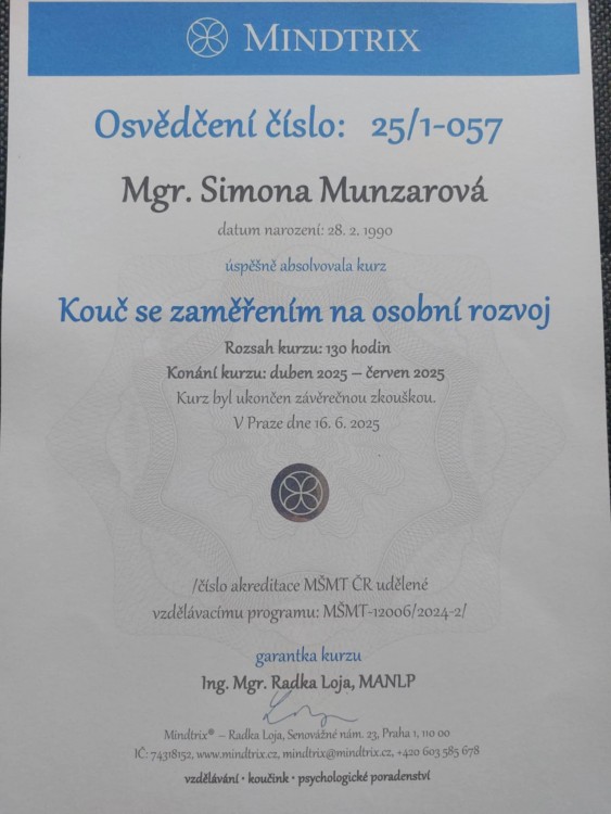 Certifikát Kouč se zaměřením na osobní rozvoj
