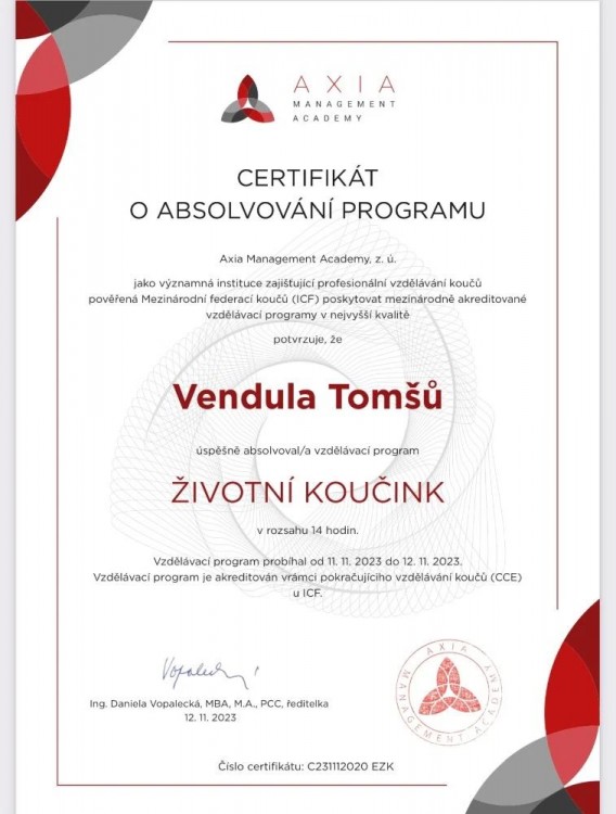 Certifikát o absolvování programu Životní koučink
