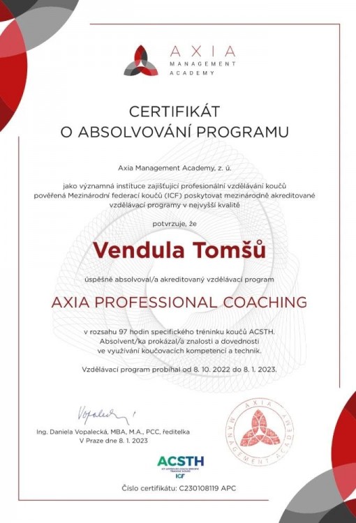 Certifikát o absolvování programu Axia Professional Coaching