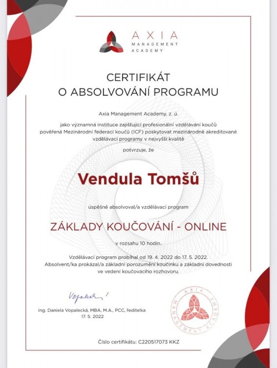 Certifikát o absolvování programu Základy koučování online