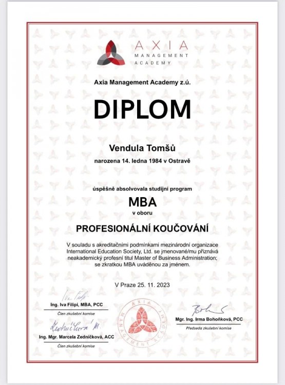 Diplom o úspěšném absolvování studijního programu MBA v oboru Profesionální koučování