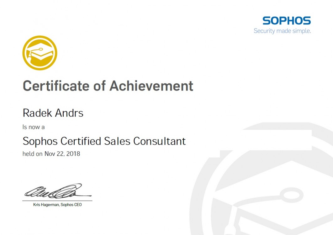 Certifikát Sophos Sales Consultant