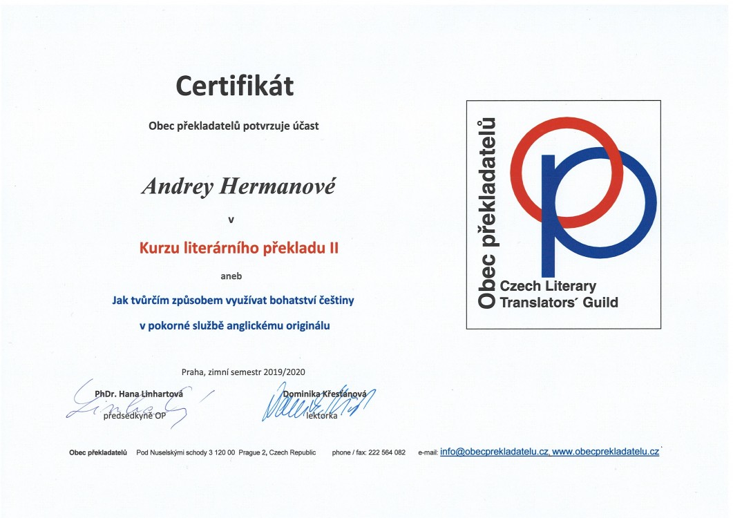 Certifikát o absolvování kurzu literárního překladu Obce překladatelů